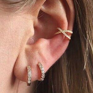 Gold Crossed Ear Cuff Adjustable No Piercing 18K Gold Plated CZ Crystals Earring